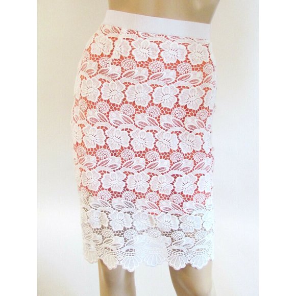 Rebecca Minkoff White Lace 2 Tone Orange Underlay Knee length Designer Skirt 8.R - Picture 11 of 13